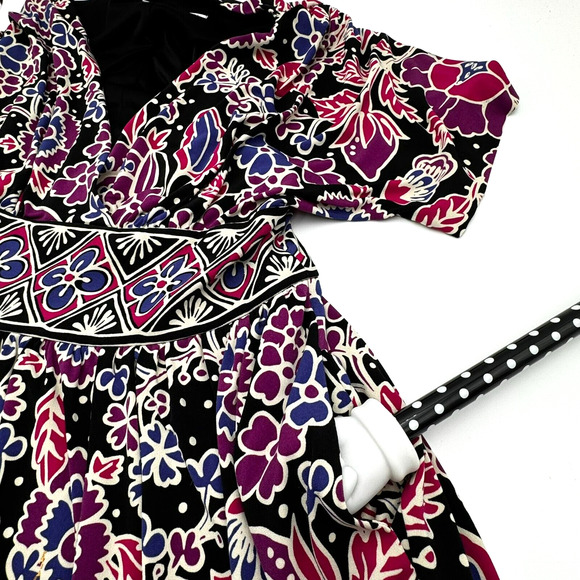 MAGGY LONDON NWT Size 12 Black Purple Floral Midi Dress Lined Pleated Flutter - Picture 5 of 9